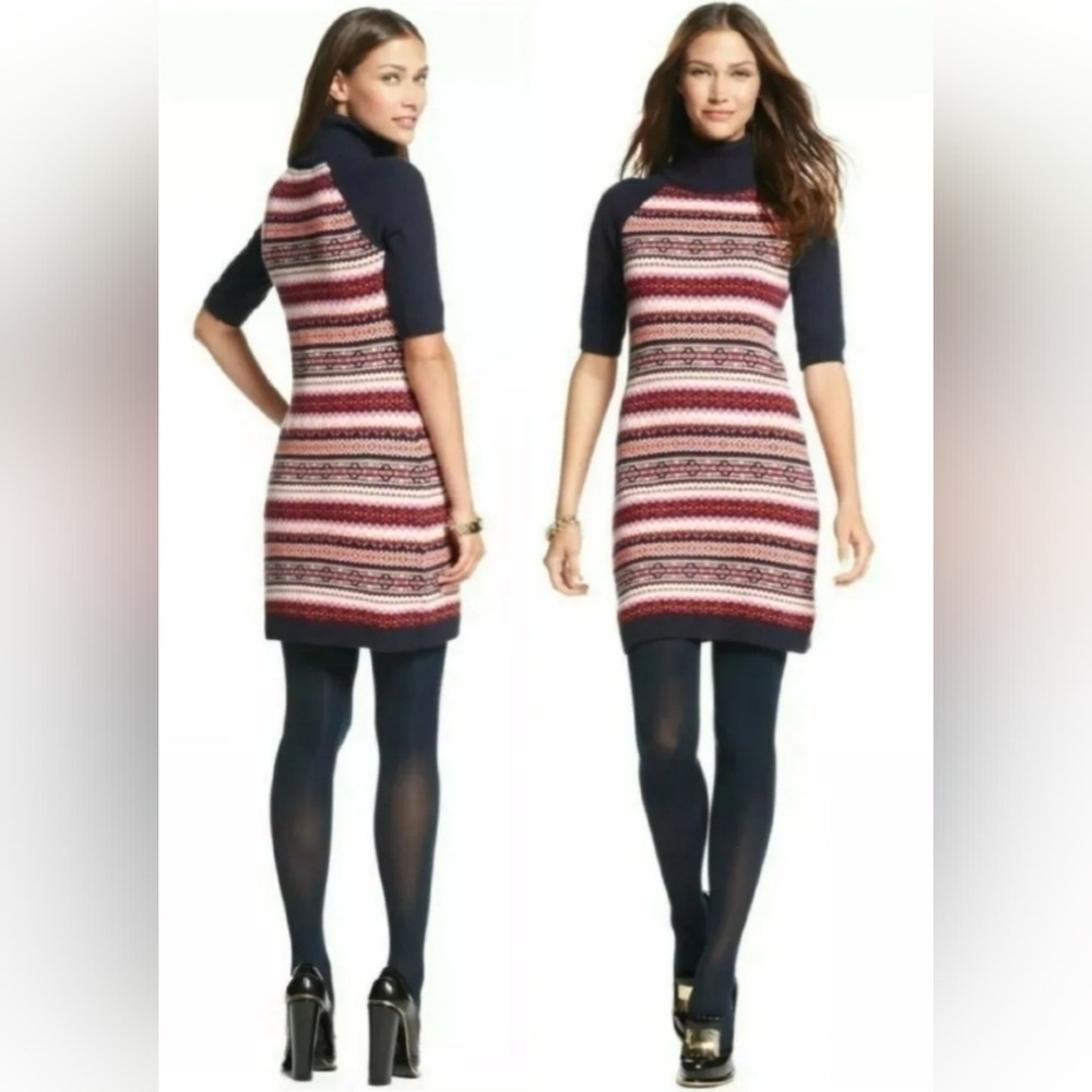 Tommy Hilfiger Navy‎ Multicolor Angora Cotton Blend Sweater Dress Sz Large